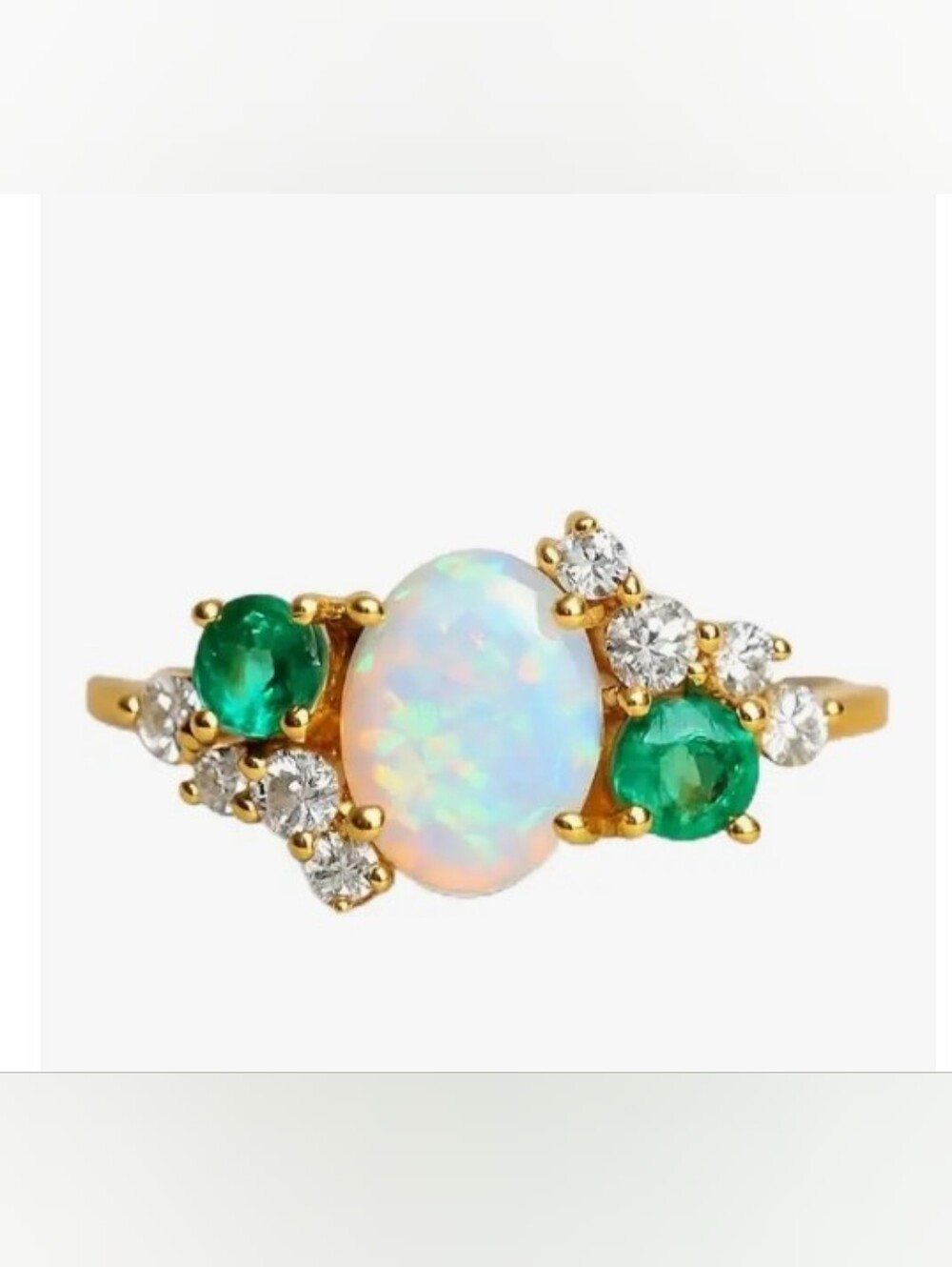 Gold Opal and Emerald Halo Ring - White Opal & Green Emerald Accent